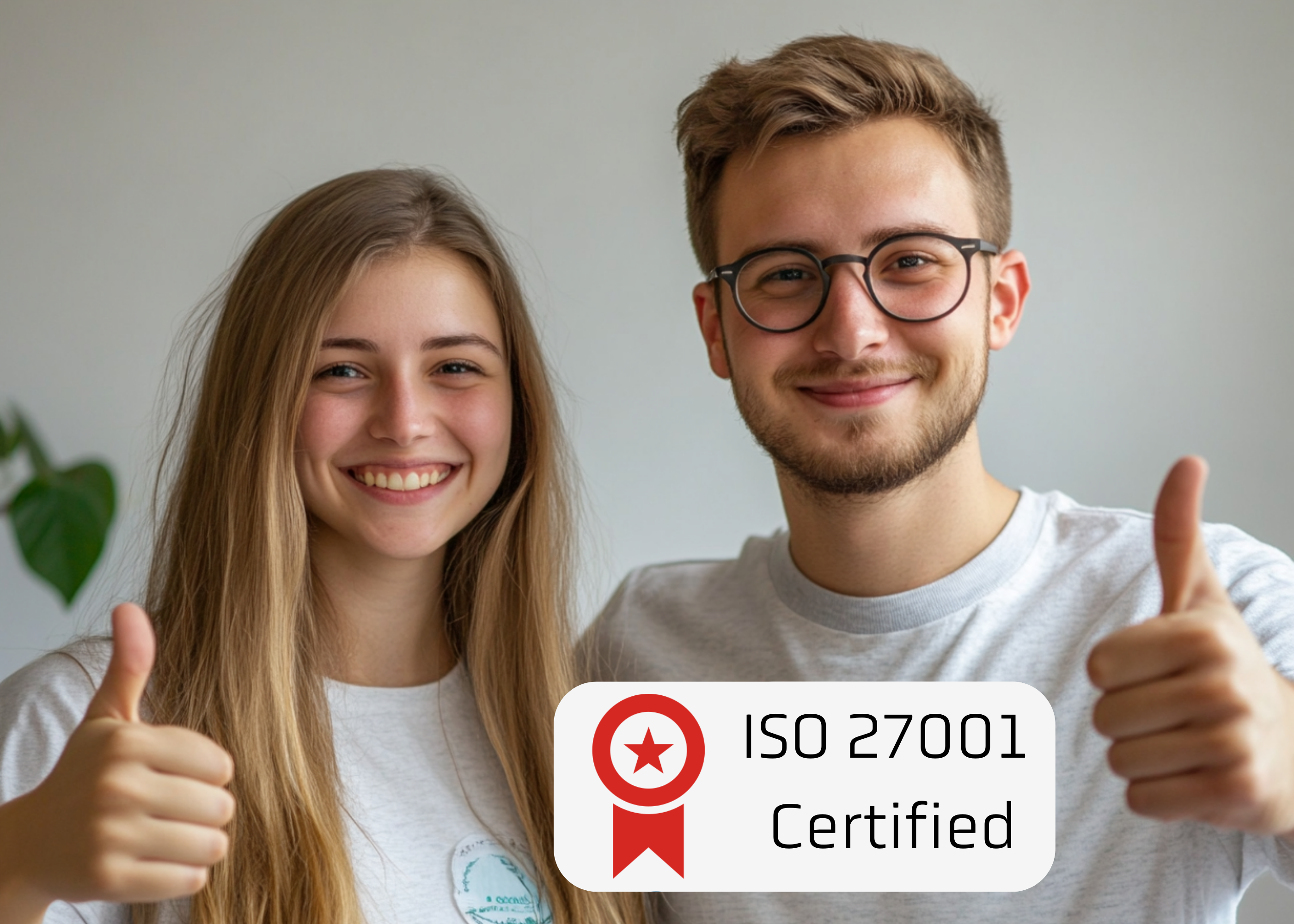 Two business professionals giving thumbs up after they become ISO 27001 certified